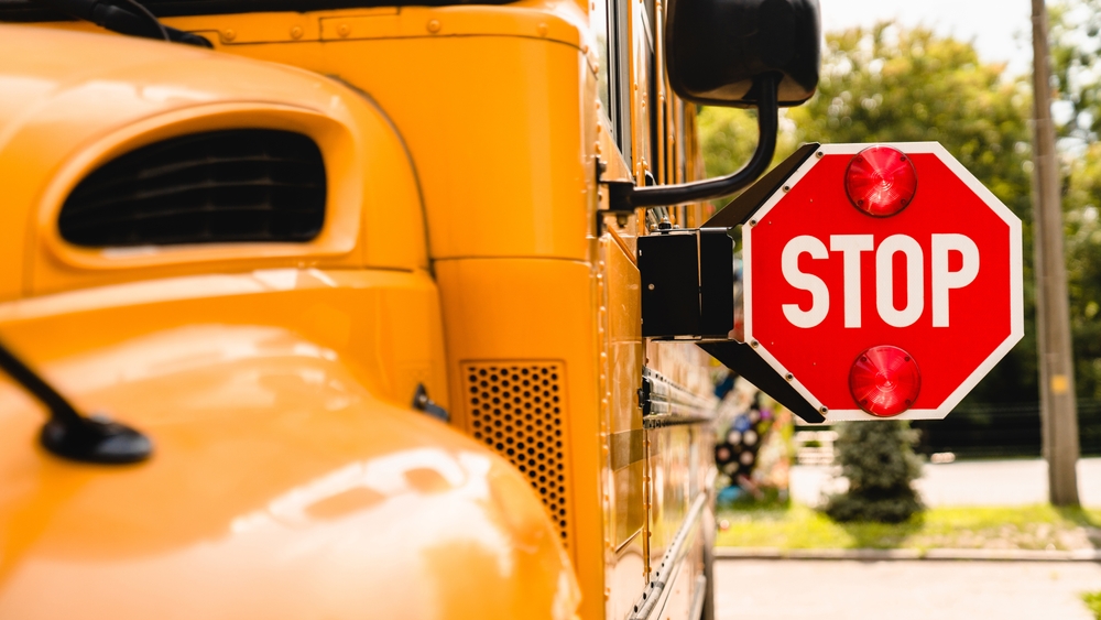 Yellow,School,Bus.,Stop,Sign.,Be,Careful,,Schoolchildren,Crossing,The